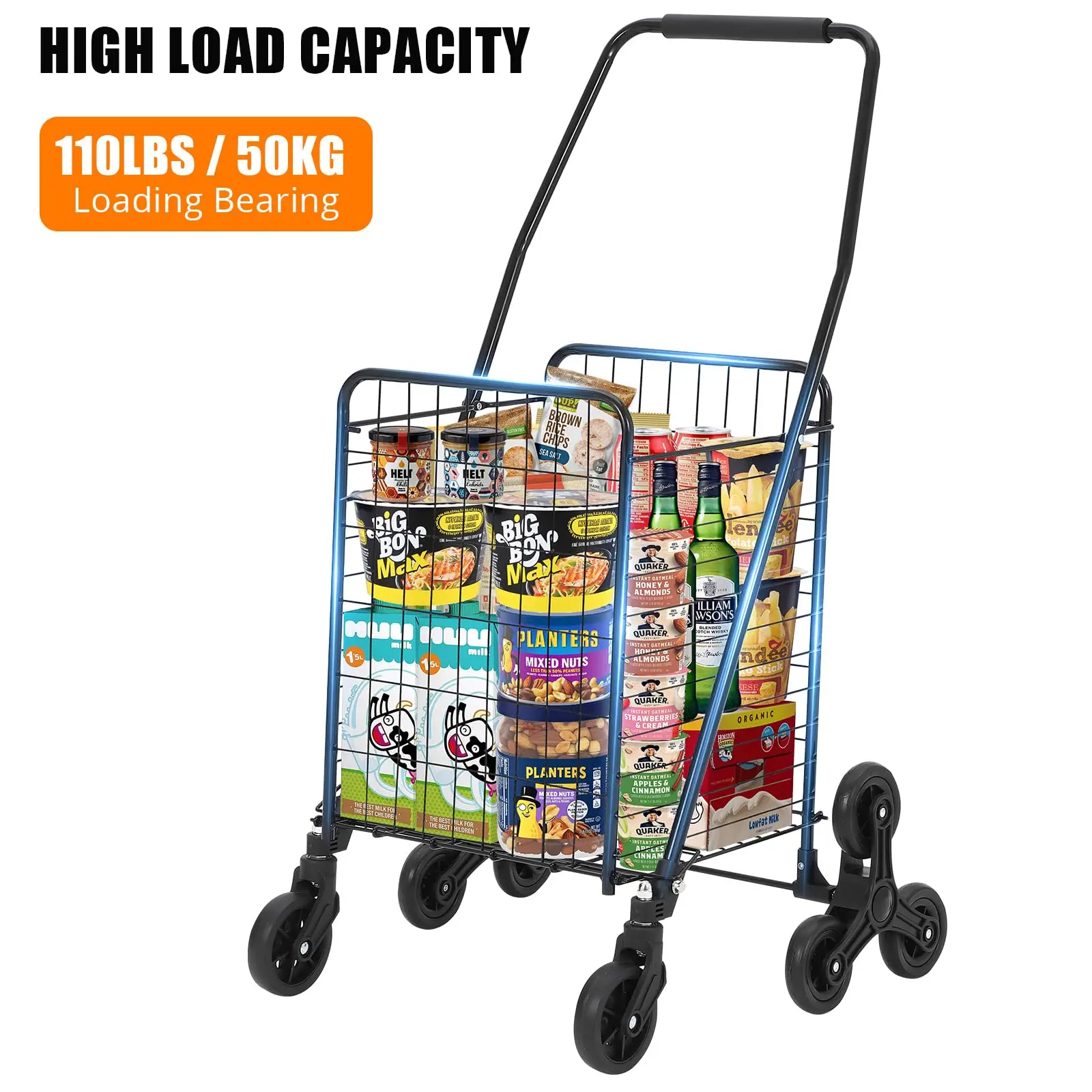 Folding Shopping Cart 110LBS Alloy Steel Utility Cart with 360° Swivel Wheels 22 Gallon Large Basket Weighs Only 10 Pounds Colla