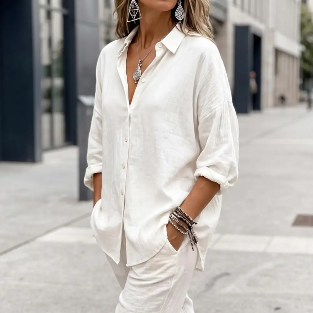Long Sleeve Tops Soft Lightweight Shirt Women’s Button Front Shirt Long Sleeve Turndown Collar Blouse Solid Color for Wear