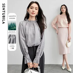SENTUBILA Women's Blouse Long Sleeve Tops 2026 Spring Lyocell Ruffles Neck Petal Elegant Office Lady Loose Fit Shirts 161CA6481X