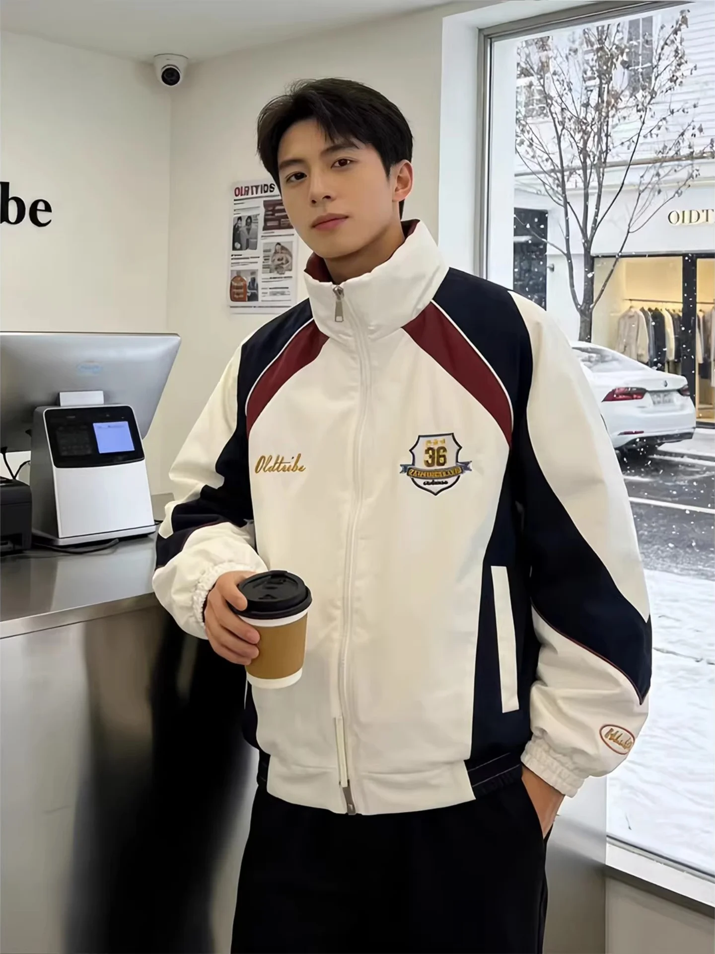 

Retro American Embroidered ort Cotton Jaet Men's Winter Thi Warm Motorcycle Outerwear High-End Feeling Cool Workwear Co...