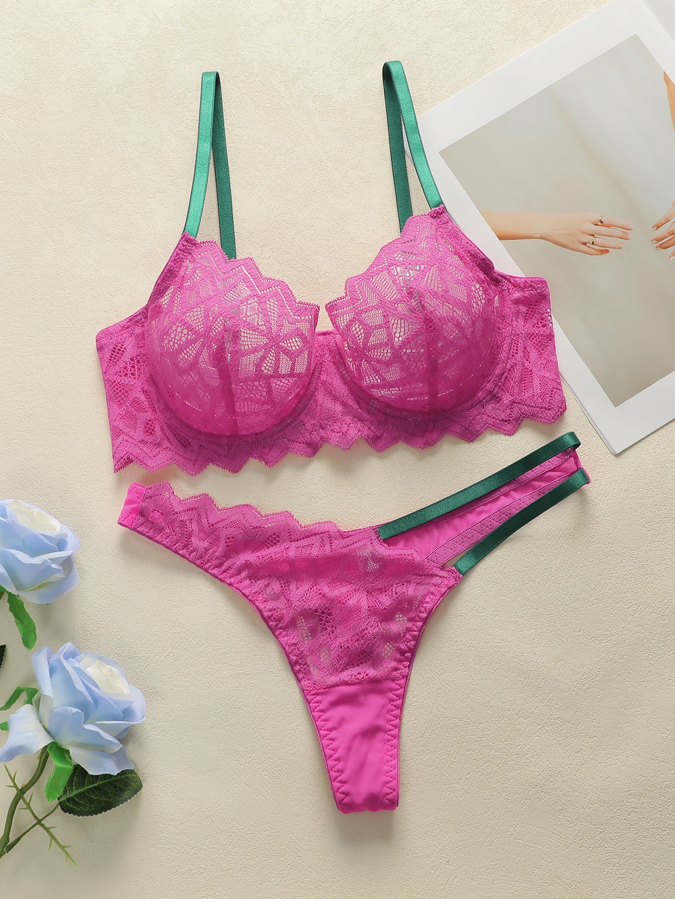 Women's sexy lingerie set with lace embroidery flower gathering push up straps adjustable transparent bra set MR2687