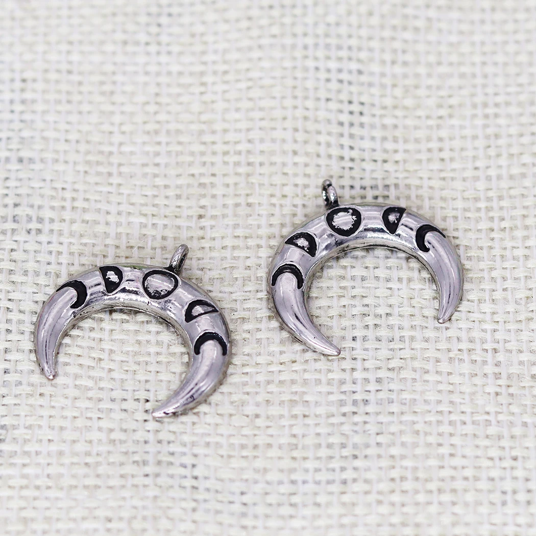 5PCS DIY Stainless Steel  Moon Phase Black Necklace Charm Pendant For Women Glow In The Dark Glowing Luminous Enamel Vintage