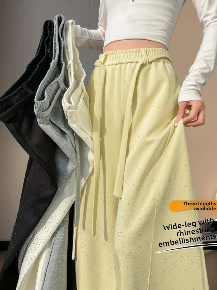 Shiny Diamond Yellow Green Casual Wide Leg Pants Women's Spring Autumn New Style Glittering Sweatpants Super Beautiful