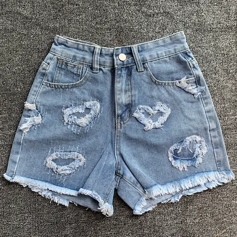 Koreanska sommar Y2K hög midja Jorts LOVE hjärtformat mönster damjeanshorts casual jeans eleganta raka tvättade hotpants 10 best sales kromhjärtade jeans - №8
