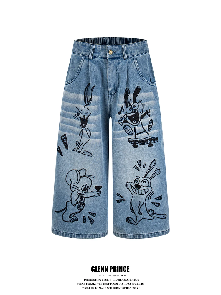 

Loose Fit Cartoon Print Men's Denim Jeans mid Waist Straight Leg Casual Trousers Youth Fashion Cotton Blend Wear Resistant