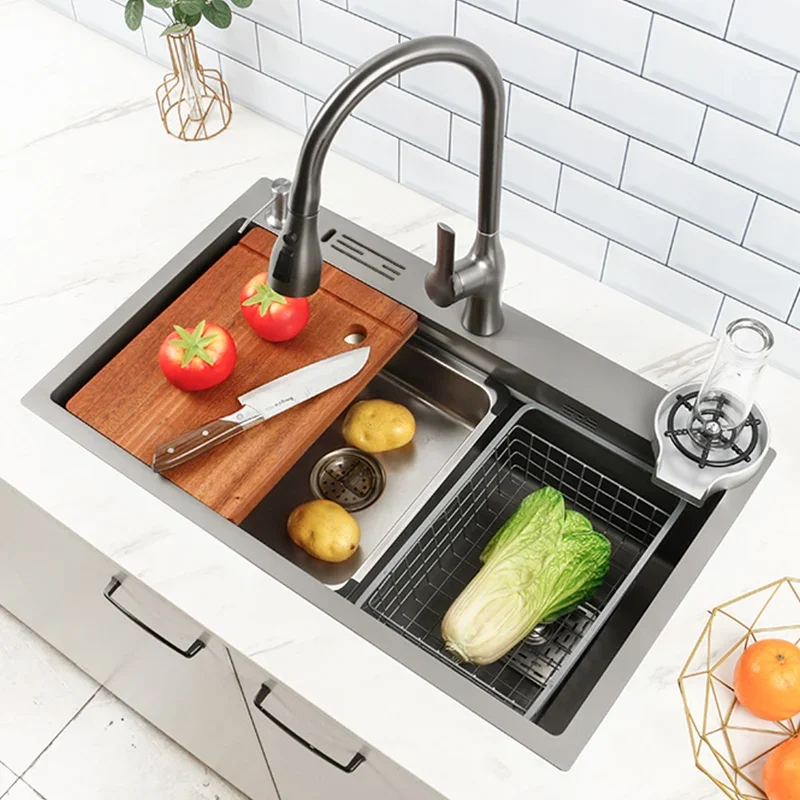 Kitchen Nano 304 Stainless Steel Sink Household Washbasin Japanese-style Large Single-slot With Knife Holder Above Counter Sinks