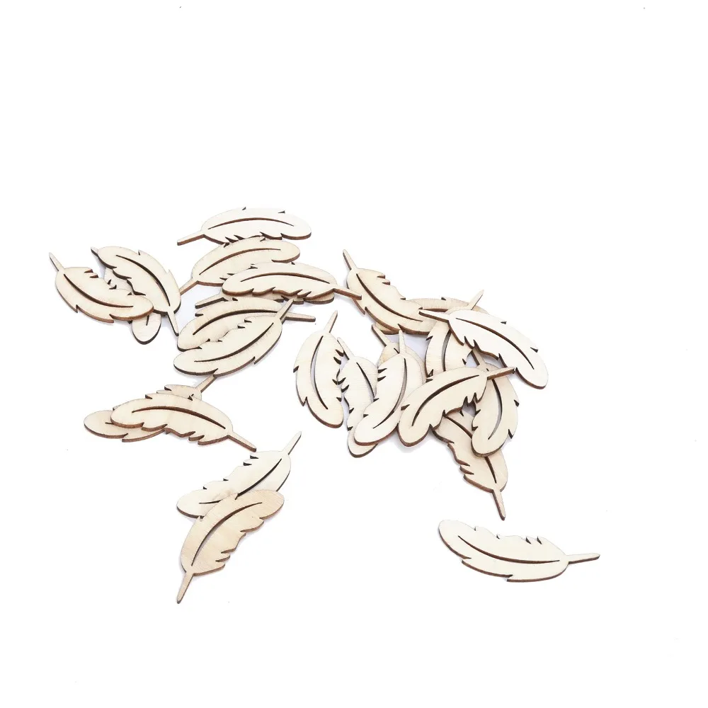 50pcs Unfinished Surface Wood plume Cutouts Wood Slices Feather Embellishments Unfinished Wooden Shapes Wooden Craft Tags