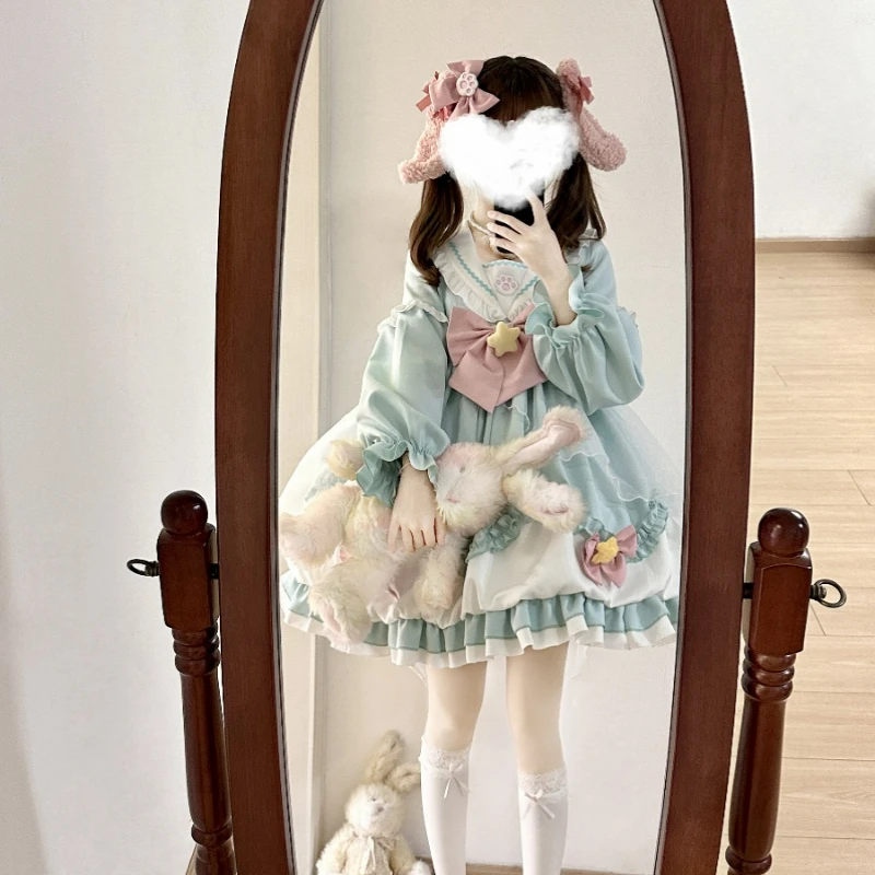 Mini vestido estilo lolita japonês para mulheres, babados bonitos, babados de malha, arco estrela, gola de marinheiro, mangas compridas, vestidos de princesa, kawaii