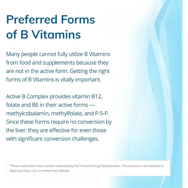 Active B Complex Vitamin 60 Capsules Vegetarian Capsules - Biologically Active Form of Vitamin B12 Folate B6