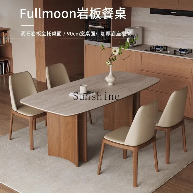 Travertine slate, household small apartment, rectangular solid wood dining table and chair combination