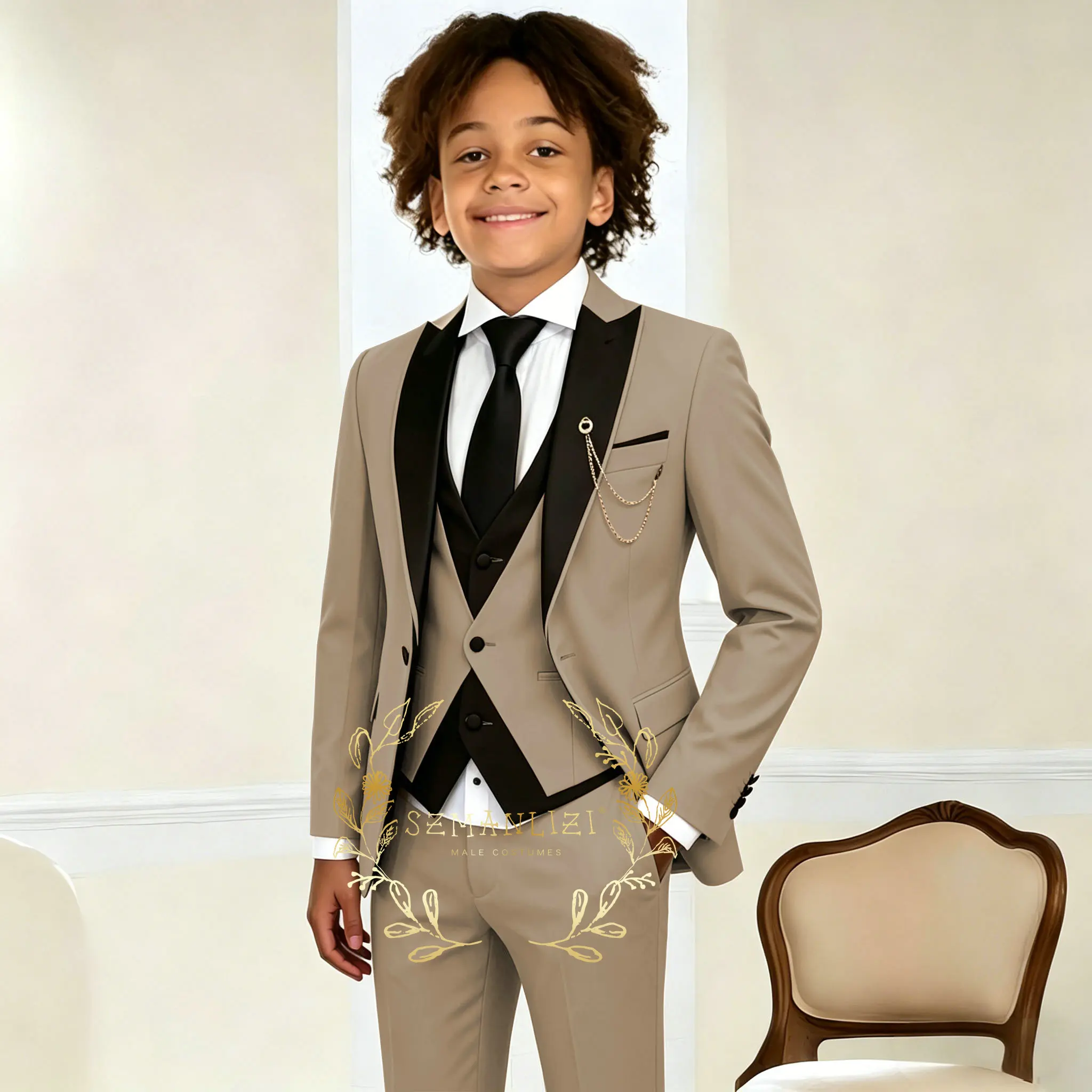 

Suit For Boys Beige Jacket Vest Pants 3 Pieces Wedding Kids Tuxedo Formal Party Clothes 2-16 Years Old Children Suits