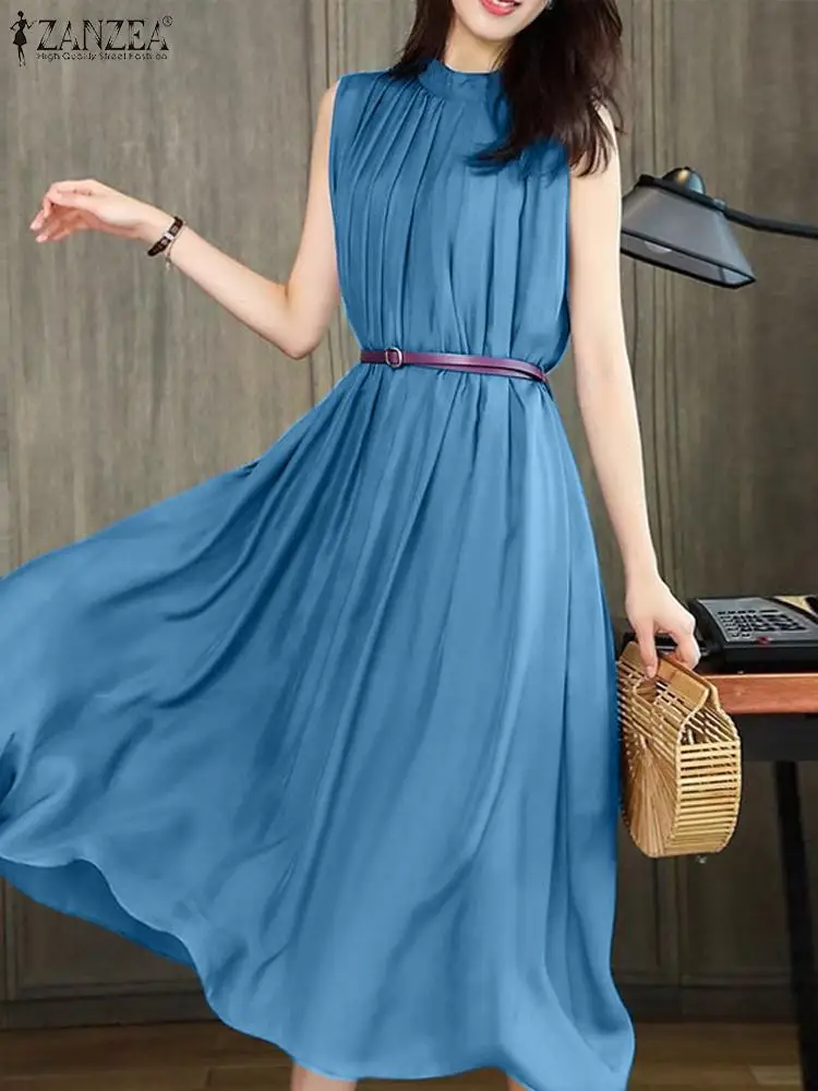 

ZANZEA Vintage Stand Collar Dress Fashion Women Pleating Long Sundress Holiday Summer Solid Robe Casual Loose Swing Tank Dress