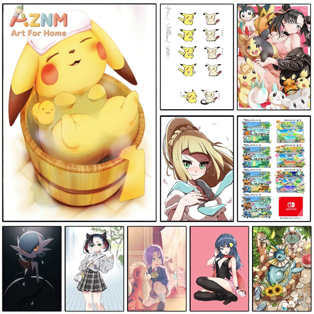 AZNM Pokemon Anime Canvas Wall Art Cute Bath Pikachu Lillie Marnie Trainer Character Cartoon Impresión HD Pintura en lienzo sin marco