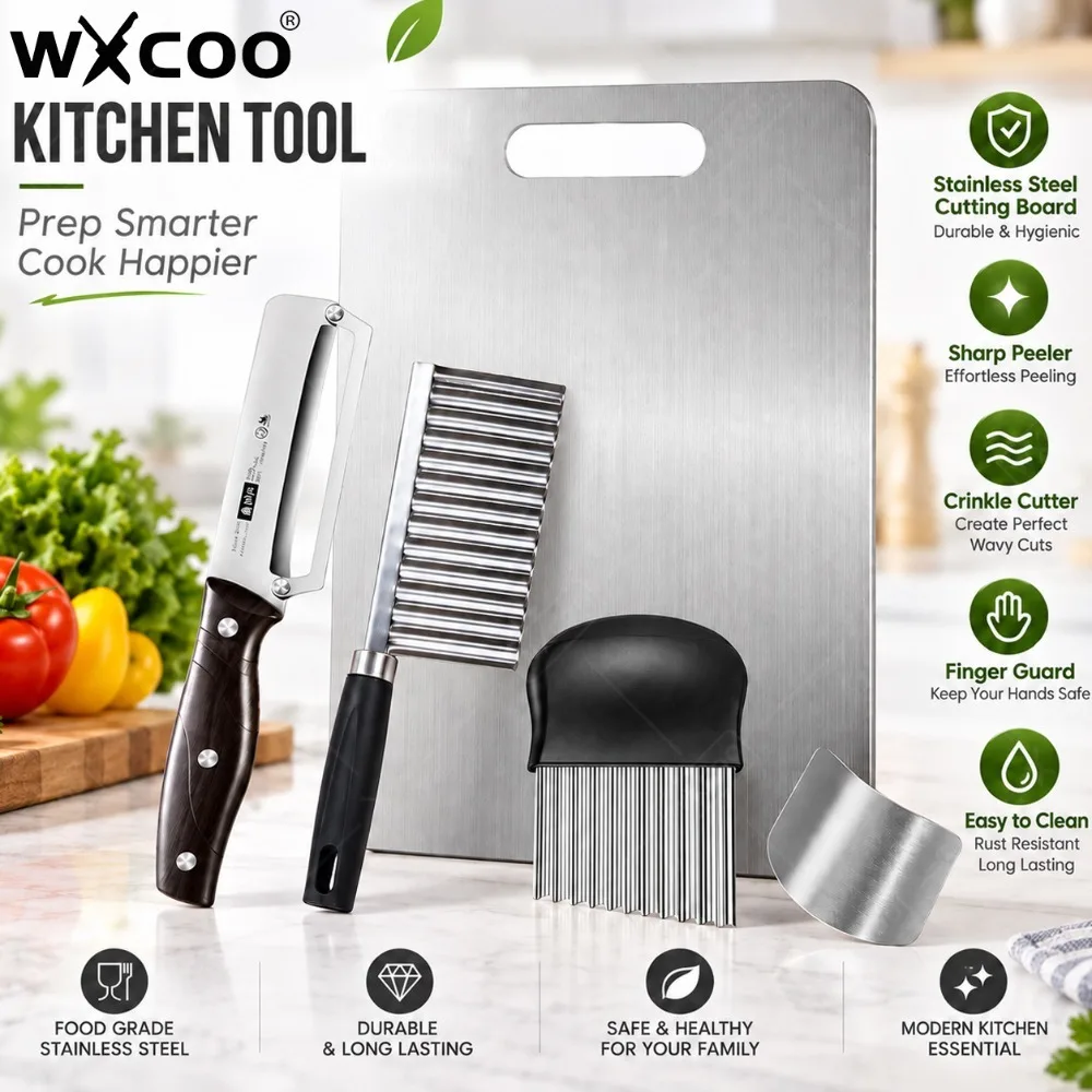 WXCOO Wavy Potato Cutter Stainless Steel Crinkle Knife Set with Peeler Hand Guard Chopping Board for French Fries Salad Chopper