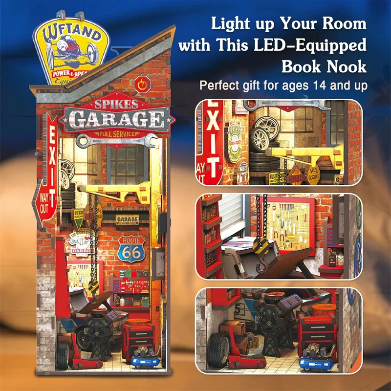 DIY Wooden Book Nook Spikes Garage Cottage Figurines Miniatures Bookend Handmade Bookshelf for Friends Gifts Home Decor Crafts