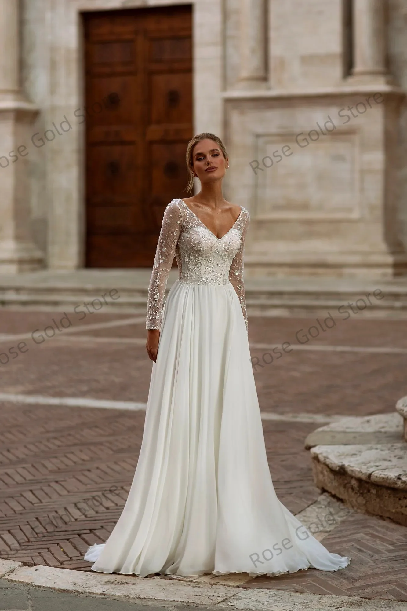 Romatic White Wedding Dress V Neck Long Lace Sleeve Bridal Gown Princess Beading Shiny Women Vestido De Novia Customized