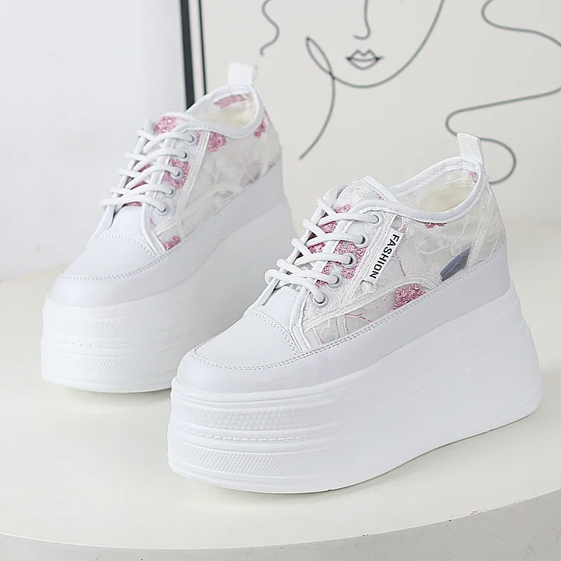 Super High Heel Inside Increase 12CM Small Casual Shoes Mesh Breathable Thick Bottom Muffin Lace Lace-up Little White Shoes Woma