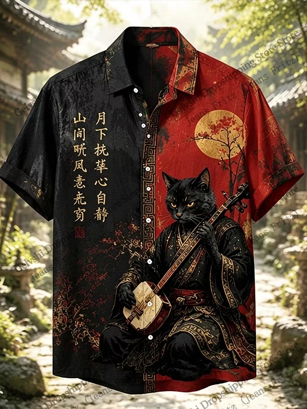 Cartoon Men Women  Fashion Lapel Hawaiian Shirt Japanese Ukiyo-e Samurai Cat 3d Print Shirt Short Sleeve Beach Shirt Men Clothes
