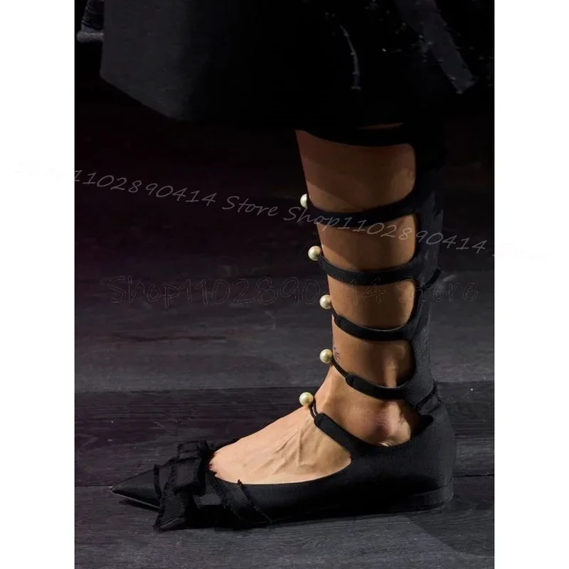 

Black Bow Knot Hollow Design Pearl Decor Pumps Button Tied Women Shoes Pointed Toe Fashion Party Feast 2024 Zapatos Para Mujere