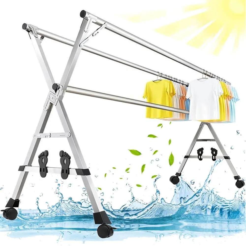 

Складная регулируемая сушилка для белья для использования в помещении, прочная стальная вешалка для одежды с поворотными колесами, ветрозащитными крючками и полкой для обуви (59)