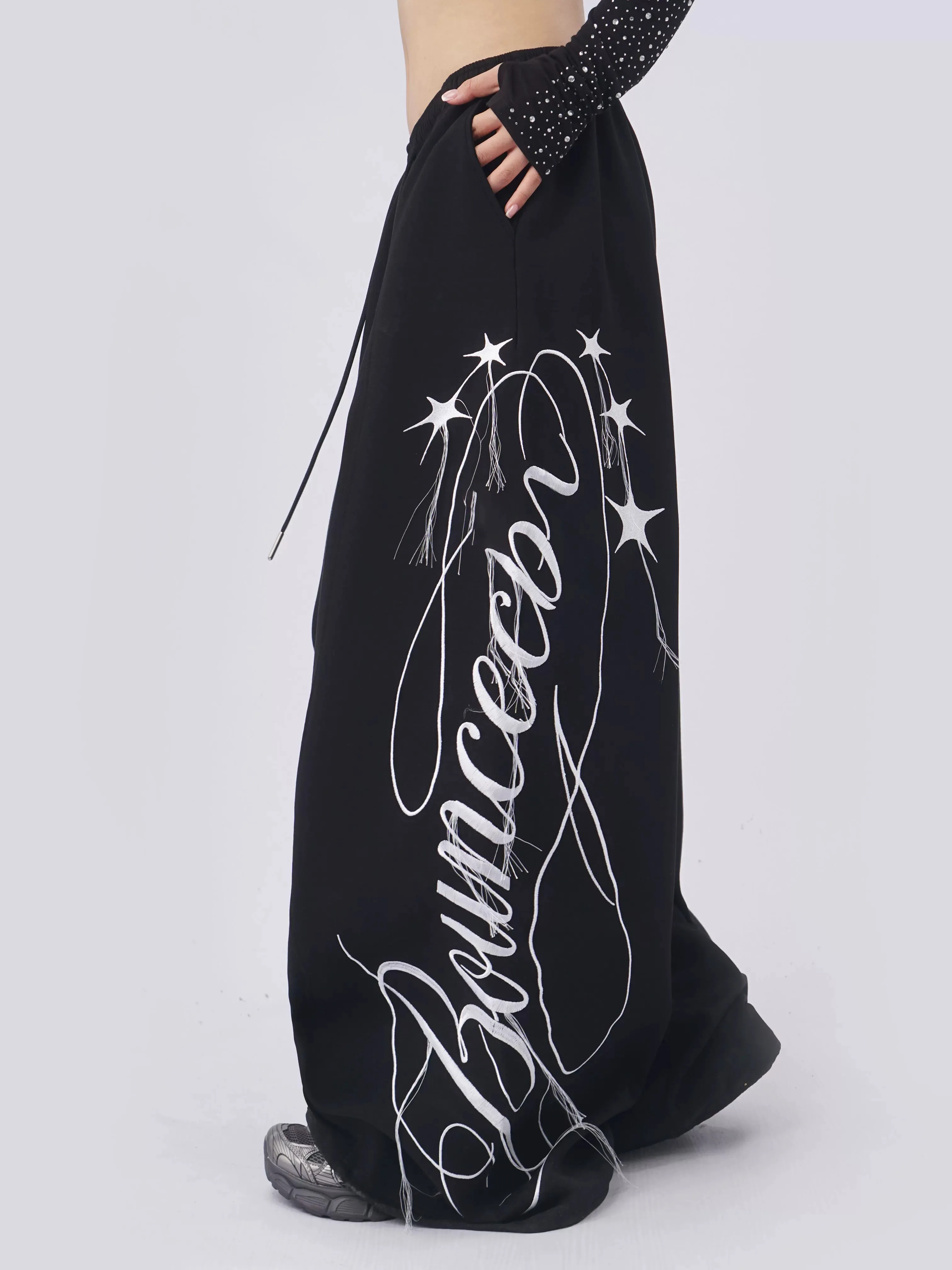 Retro American Embroidered Fringe Pink Sporty Wide Leg Pants for Women Jazz Dance Casual Trousers Breathable Comfortable