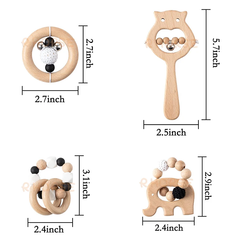 Anneau de dentition en bois 4 pièces, jouet sensoriel de style Montessori pour cadeau d'anniversaire