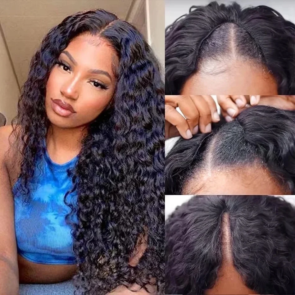 

Парик без клея с застежками, V-образный парик из натуральных волос, кудрявый парик для женщин, без пришивания, с глубокими волнами, без кружевной передней части