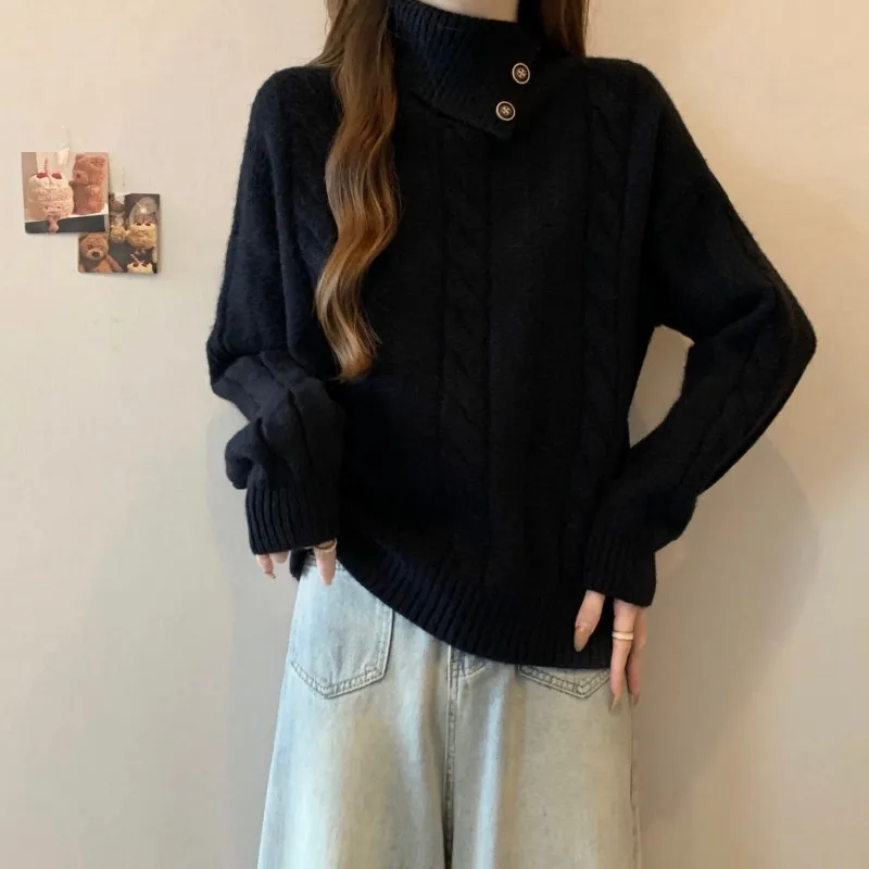 Mädchen Koreanische Grau High Neck Pullover Gestrickte Pullover Strickjacke frauen Einfarbig Einfachen Stil Verdicken Vintage Herbst Winter