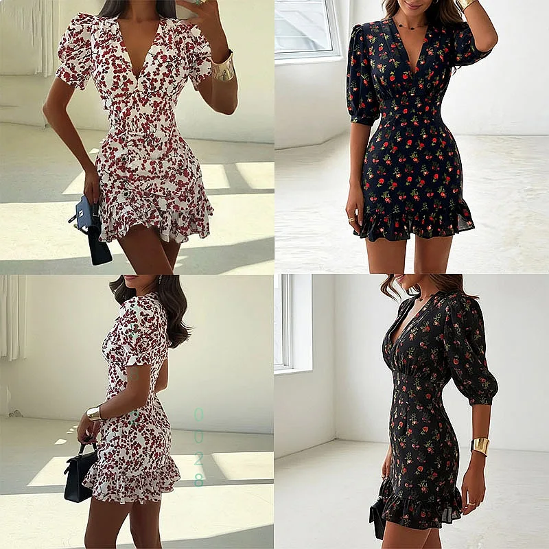 Elegant V Neck Print Ruffle Dress Spring Summer Dresses Floral Overall Jumpsuit Pants Playsuits Matching Set
