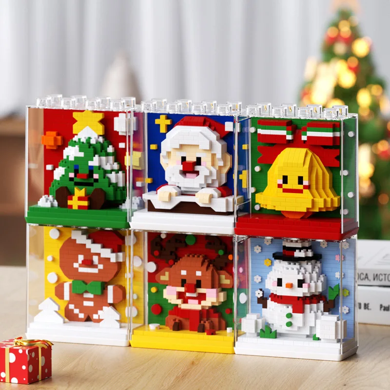 

Christmas Micro Building Blocks Set with Display Case DIY Miniature Model Kit Desk Decor Santa Snowman Tree Ornaments Collection