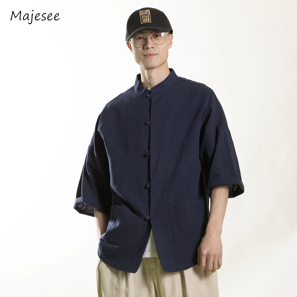 Shirts Men Casual Daily Loose Summer Streetwear Frog Button Chinese Style Tang Suit Retro Vintage Oversize Solid Long Sleeve