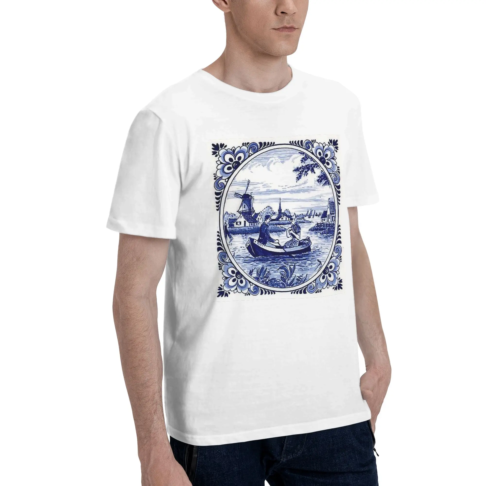 

Dutch Blue Delft Windmill Church And Sailboats Men T-Shirt Plus Size T Shirts Men's O-Neck Cotton Tees Short Summer Male