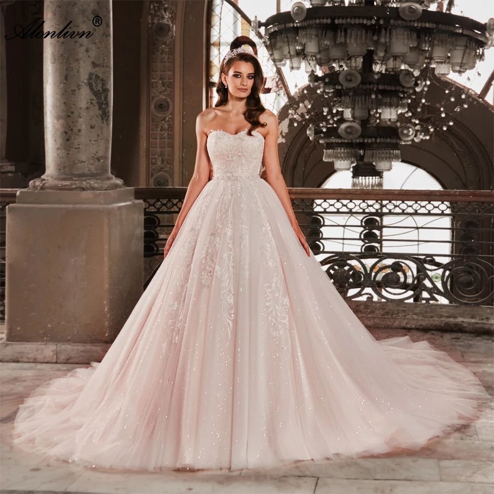 

Alonlivn Bling Tulle Sweetheart A-Line Wedding Dresses Off Shoulder Beading Pearls Appliques Lace Bridal Gowns