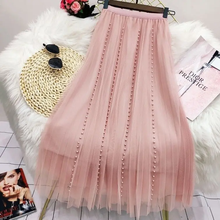 High-waisted Slim Gauze Skirt Women 2026 Summer New Beaded Long Pleated Fashion A-line Skirts Female