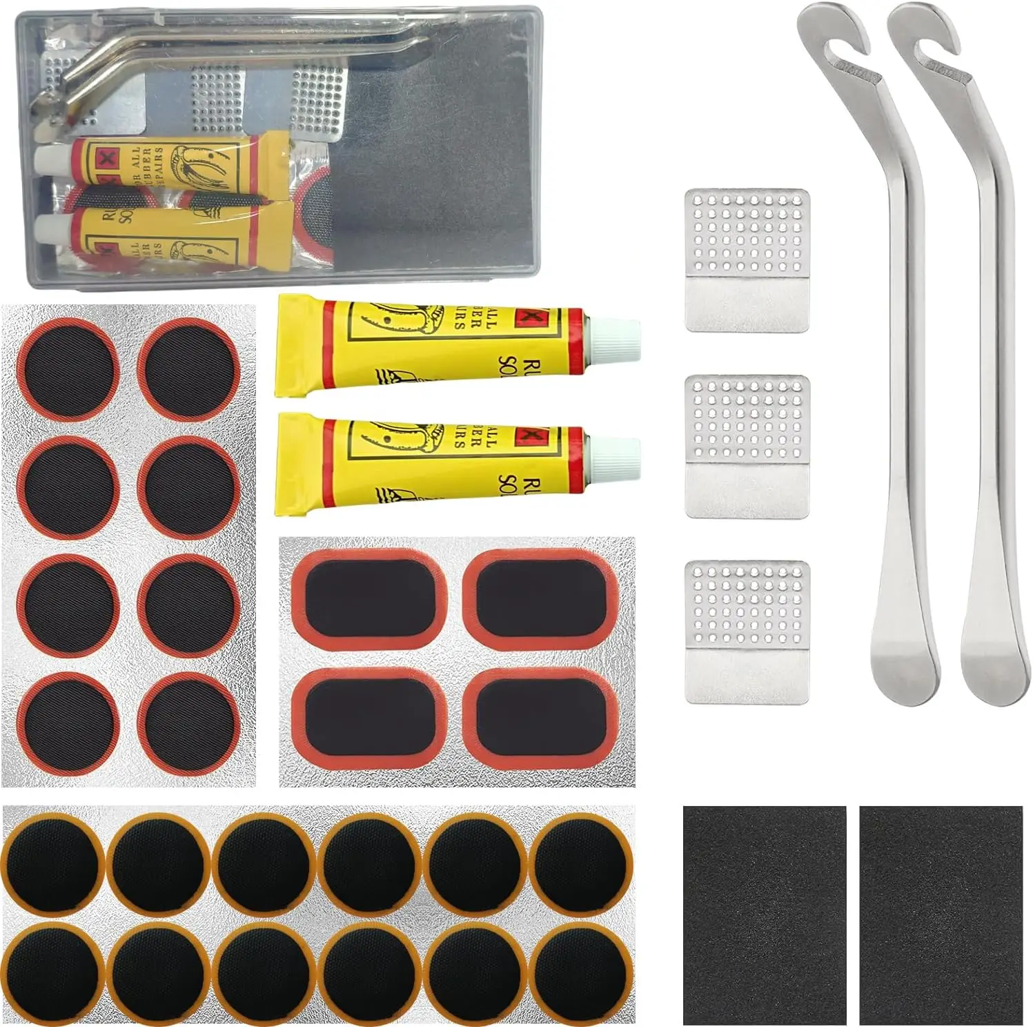 

34PCS Bike Tire Repair Kit, with 24 PCS Vulcanizing Patches/26 Glueless Tube Patch Kits& 2 Stainless Steel Levers Tube Patch Kit