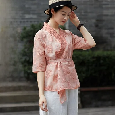 

Original Yanzu Stand Collar Short Sleeve Women's Shirt Thin Transparent Asymmetrical Front Closure Summer Fashion Top