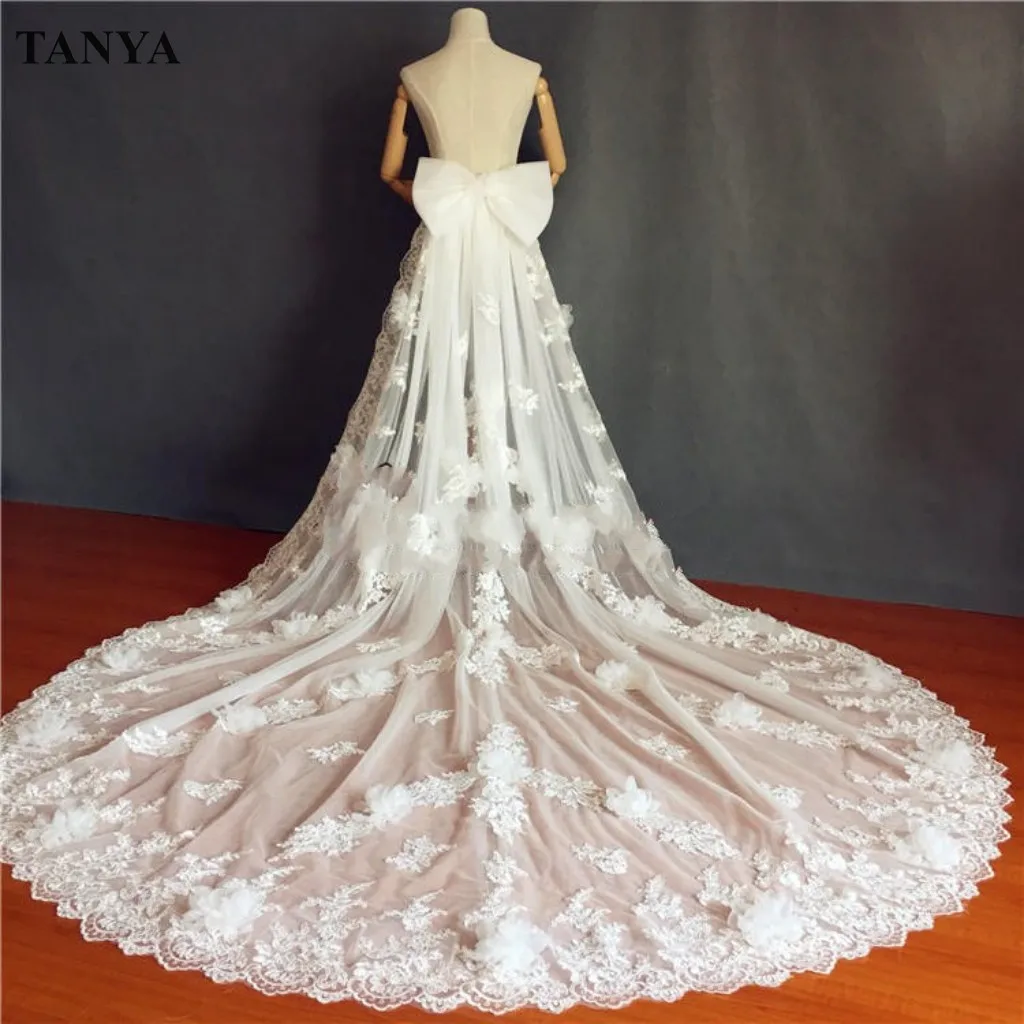 250cm Length Chapel Train Bohemian Lace Appliques Wedding Dress Removable Train With Bow High Quality Handmade  YSAN1705