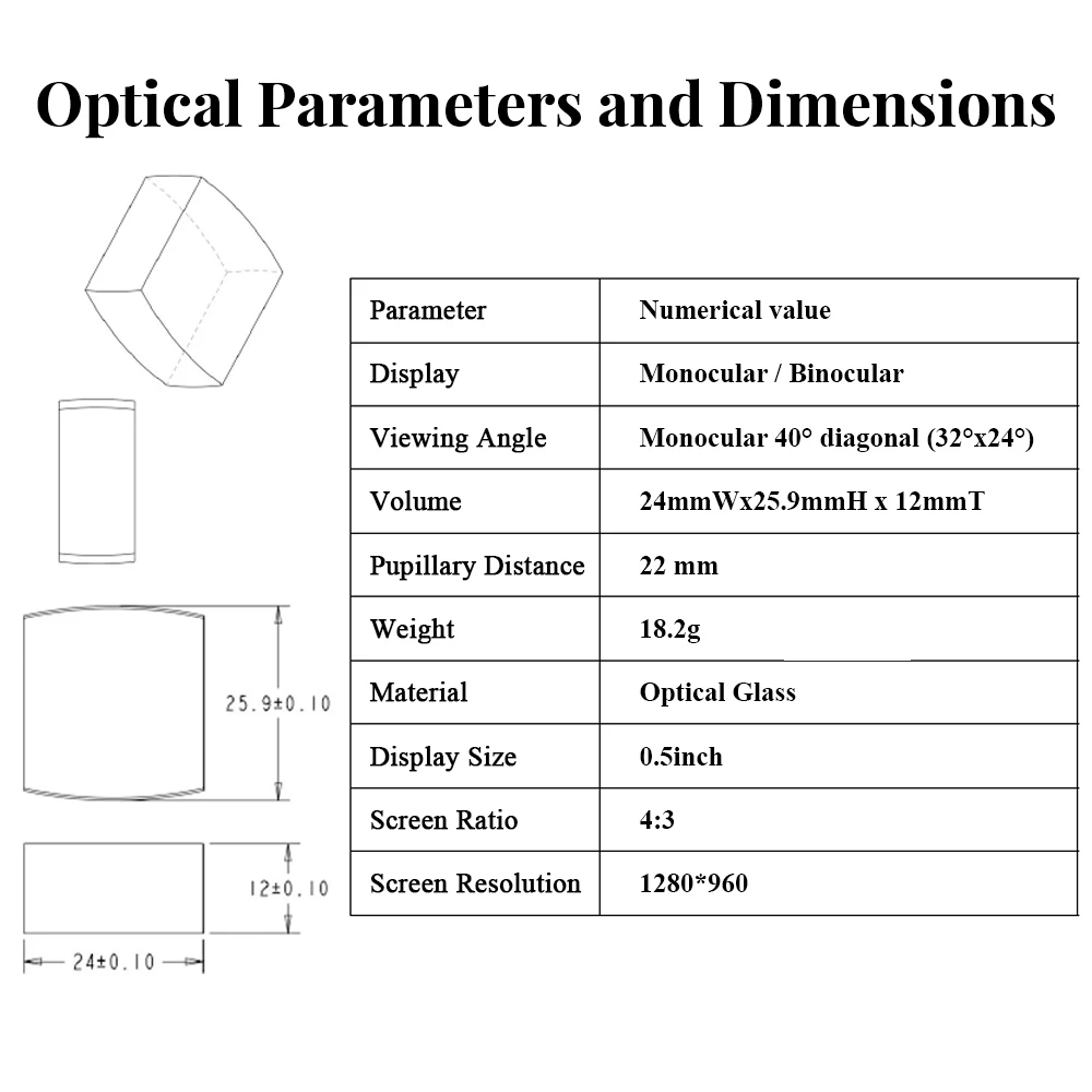 0.5 Inch Display Perspective Optical Magnifier Freeform Optical AV HDMI Interface 1280*960