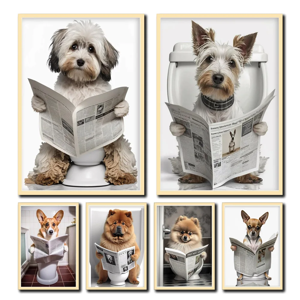 Hund sitzt auf der Toilette und liest die Zeitung. Niedliches Hundefoto, Pomeranian, Corgi, Shiba Inu, Foto, Badezimmerdekoration, Zuhause, ungerahmte Dekoration