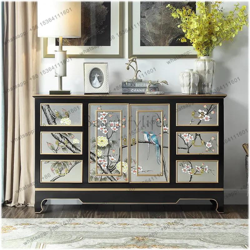 2025 cross-border new Chinese entrance cabinet American hand-painted storage chest cabinet