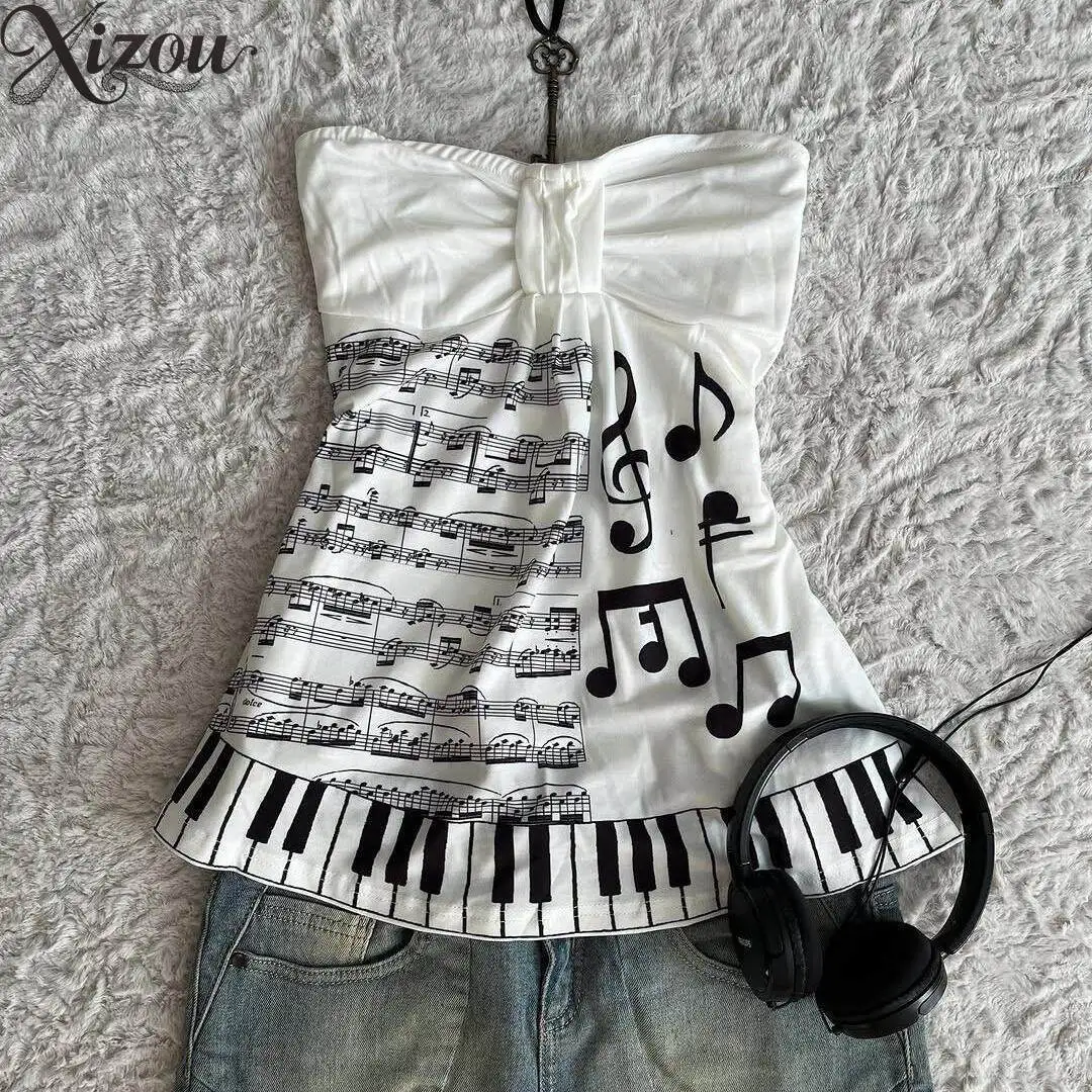 Women Black White Piano Key Music Sheet Print Bow Front Strapless Tube Top Y2K Vintage Retro Casual Summer Top Tank Camis Sexy