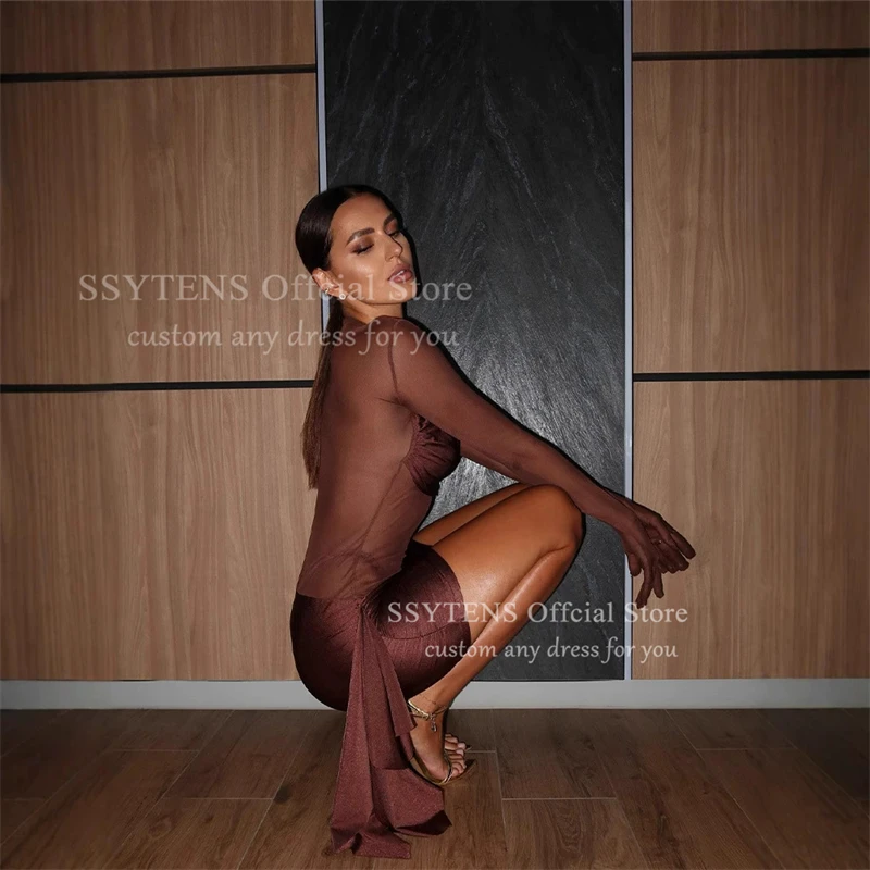 SSYTENS Gaun Malam Pendek Coklat Modern Gaun Koktail Lengan Penuh Ilusi Gaun Pesta Malam Klub Berlipat Disesuaikan