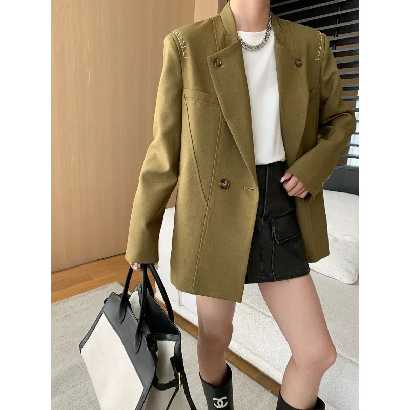 Blazer de costura cáqui feminino, moda solta casual, vinho vintage, terno francês de senhora do escritório, chique, nova Coreia, outono