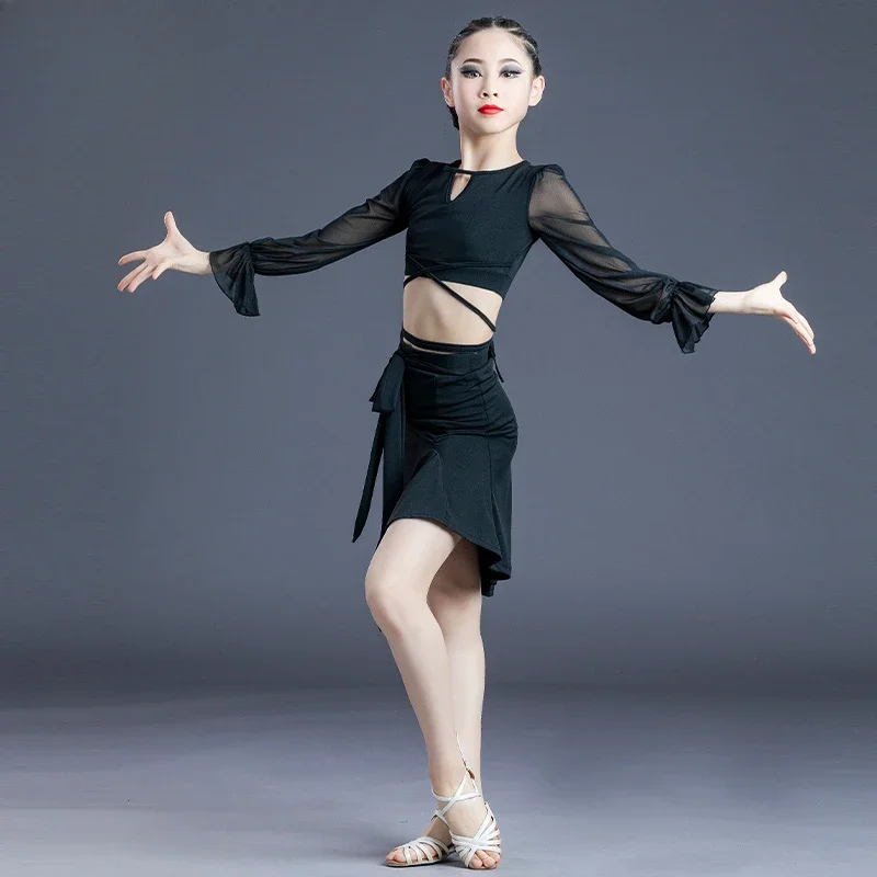 Ensemble d'entraînement de danse latine pour filles, costume de performance sur scène, jupe fendue d'été, 2 pièces