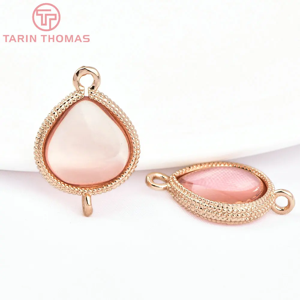 (6316) 10PCS 19x14MM 24K Gold Color Brass and Glass 2 Holes Drop Shape Connect Charms Pendants Jewelry Findings Accessories