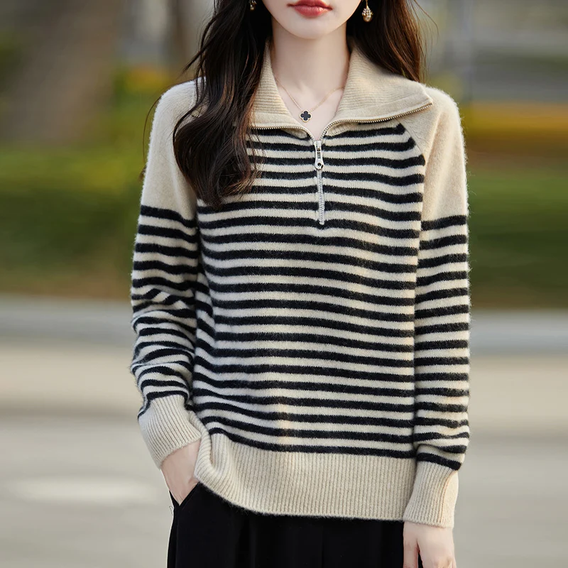 

2025 POLO Neck 100% Merino Wool Pullovers Women's Semi-Zipper High-Neck Striped Sweater Fashion Warm Large Size Knitted Blouse