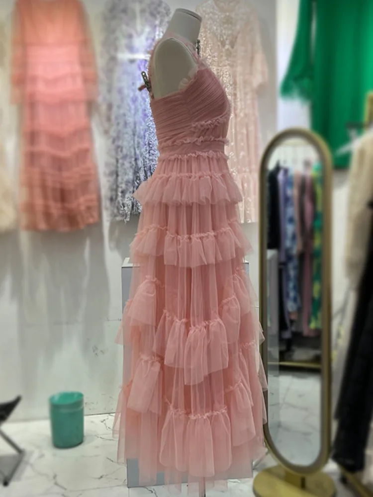 Dfdg feminino 2025 luxo decote em v malha em camadas vestido de noite designer querida vestido primavera verão praia festa vestido de casamento