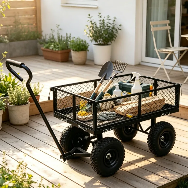 Chariot de jardin avec structure en acier, panneaux latéraux extensibles pour un chargement facile, conception à double roue pour un transport lourd, 80x45x60 cm, robuste, pratique, pour les travaux de jardinage et le rangement, polyvalent, durable