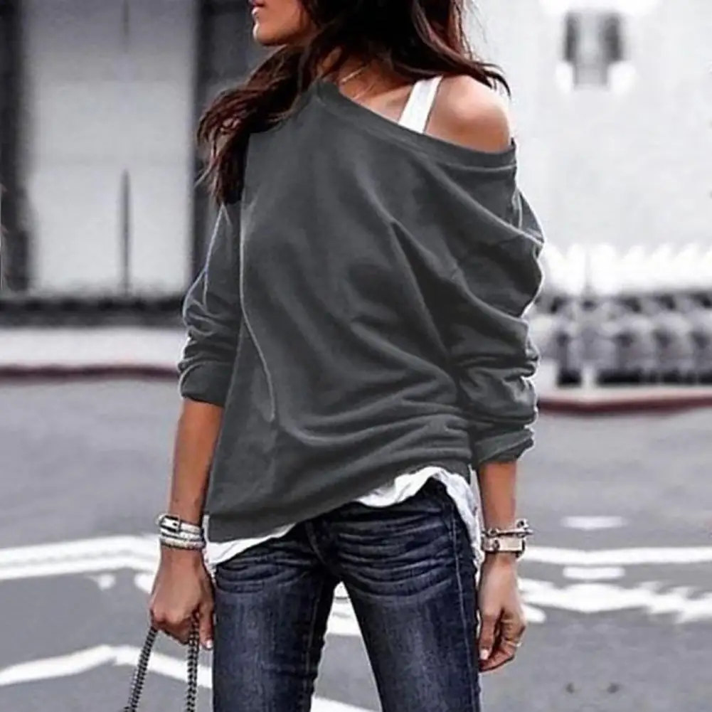 2022 Sexy Off Shoulder Women T-Shirt Autumn Long Sleeve Top Casual Solid Color T-Shirts Fashion One Shoulder Loose Warm Pullover