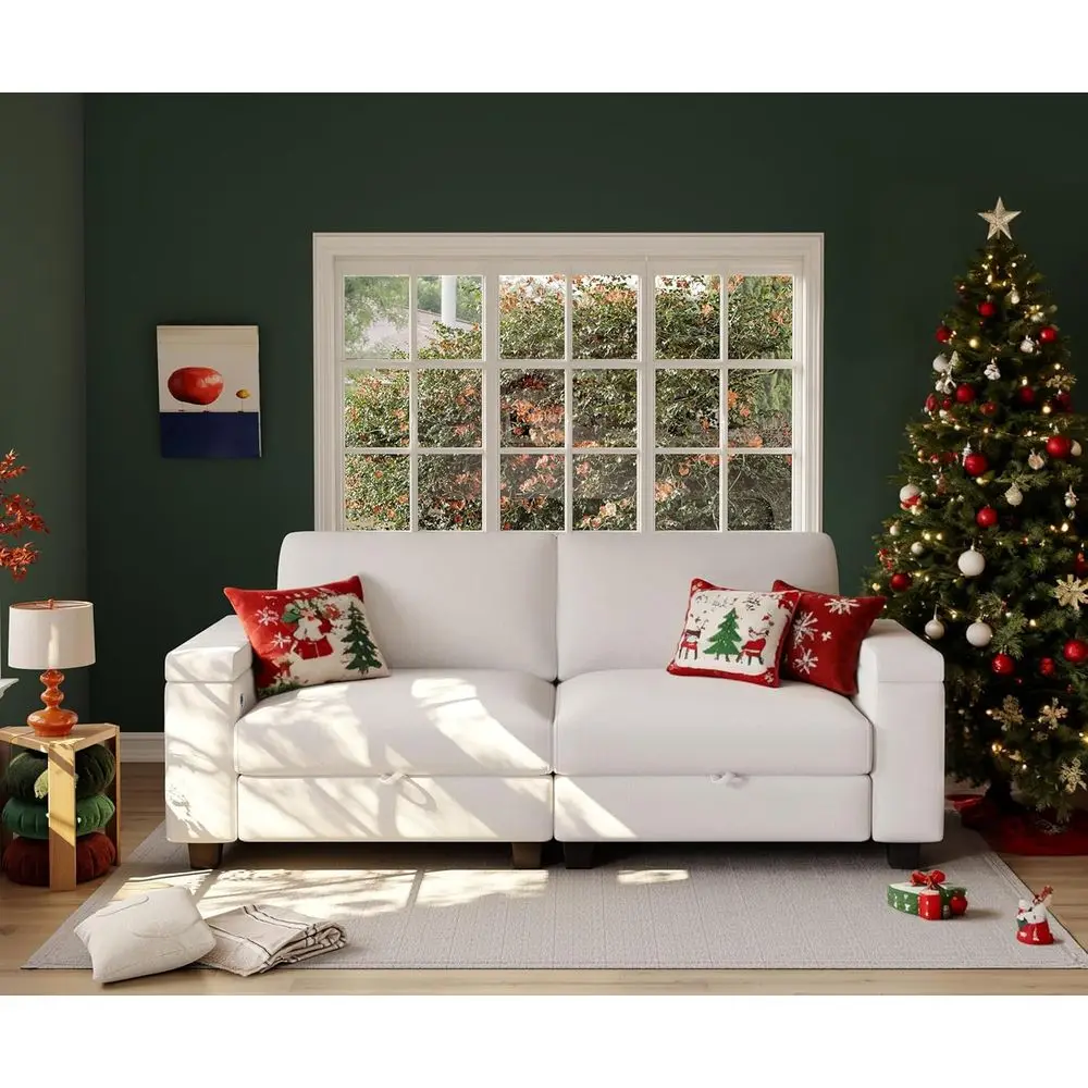 

75 Inch White 3-Seater Sofa with Storage and USB/Type-C Charging Ports for Living Room
